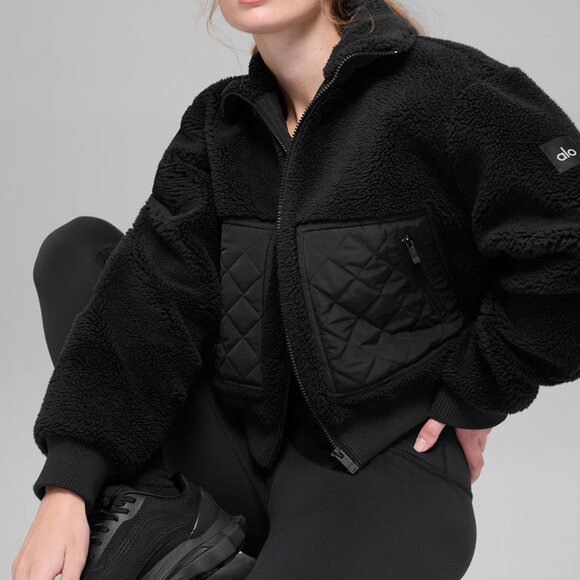 Alo Yoga Sherpa Edge Bomber Jacket Black Color - Picture 1 of 4